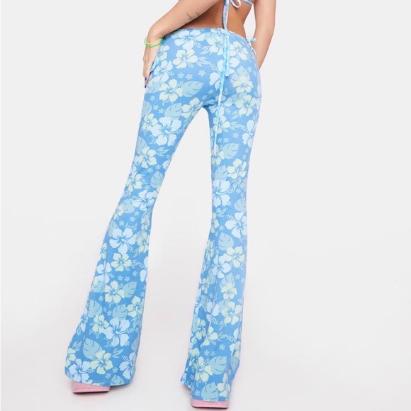 Blue Hawaiian Print Flare High Rise Pants - Picture 2 of 3
